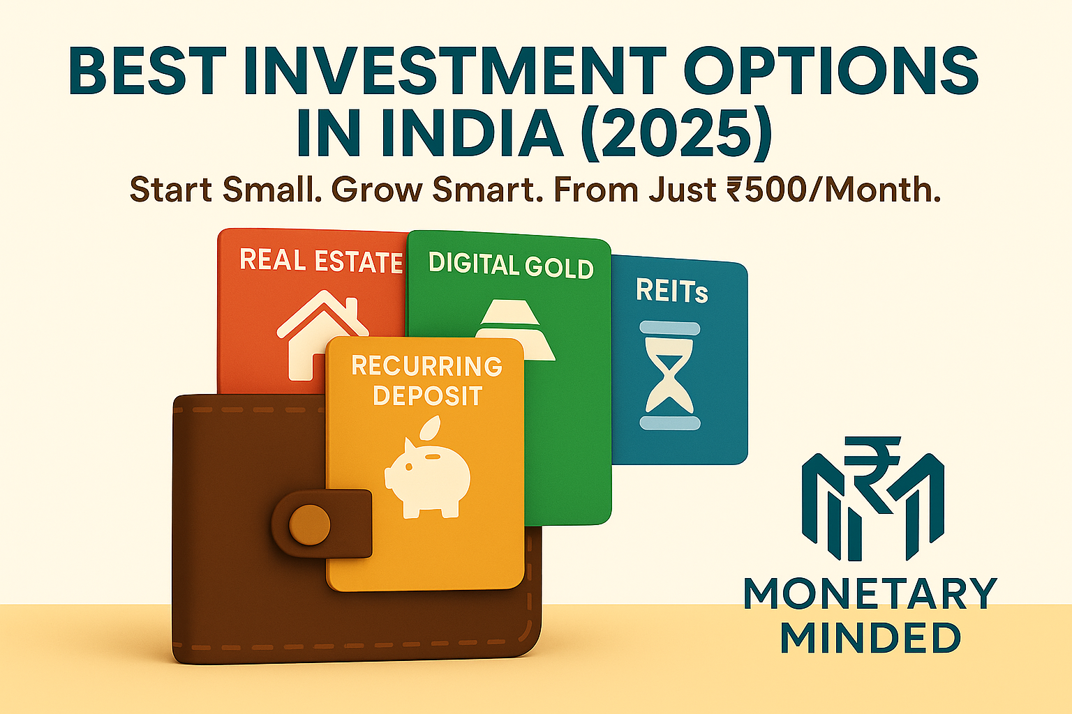 Best investment options in India 2025 starting from ₹500/month, illustrated with wallet cards showing Smallcases, Digital Gold, RD, and Real Estate